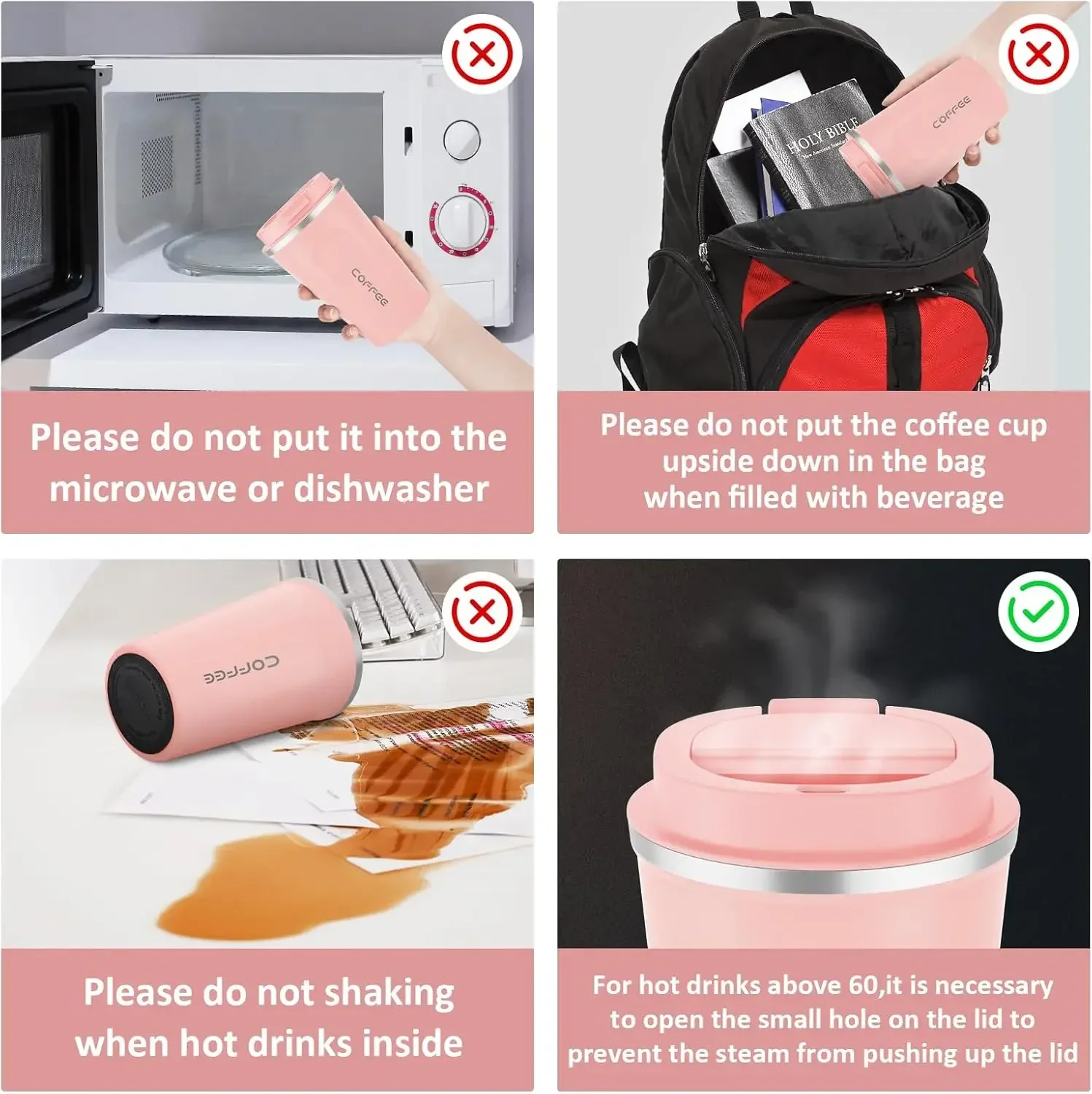 Caneca térmica de aço inoxidável rosa, Thermo para café, Garrafa de água, Drinkware Leakproof Travel, 380 510ml