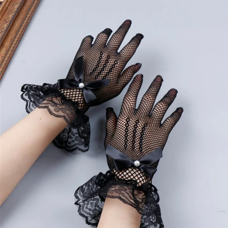 Gants ajourés en dentelle Lolita pour filles, étiquette de cérémonie pour femmes, mitaines fines en maille, gothique Punk, gant Sexy, noir, blanc, élastique doux