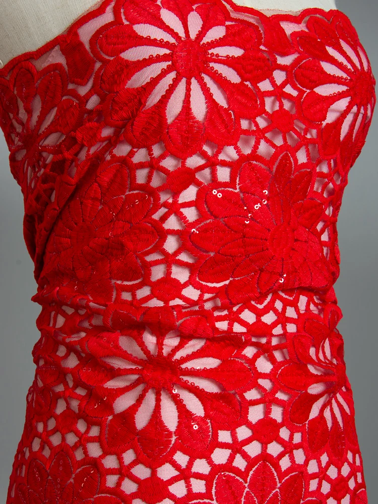 Französischer milch seiden spitzens toff afrikanischer stoff mit pailletten 2024 roter nigeriani scher mesh tüll spitzens toff für frauen party kleid a3203
