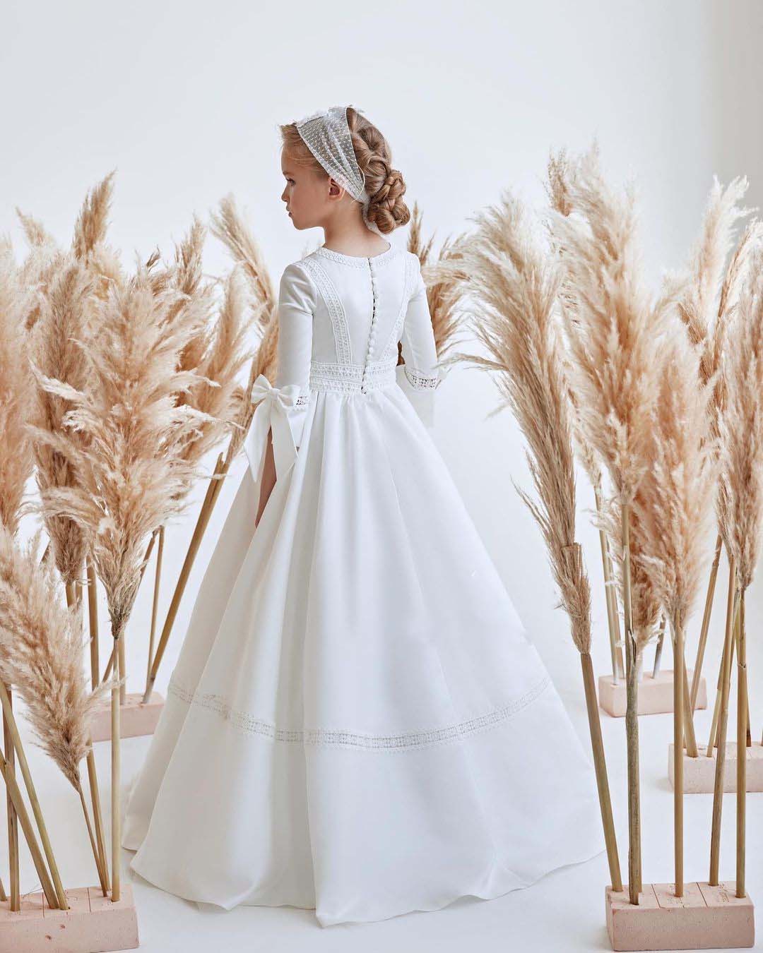 สีขาวElegantดอกไม้สาวชุดสําหรับงานแต่งงานO-คอยาวครึ่งแขนเด็กFirst Communionประกวดชุดวันเกิด