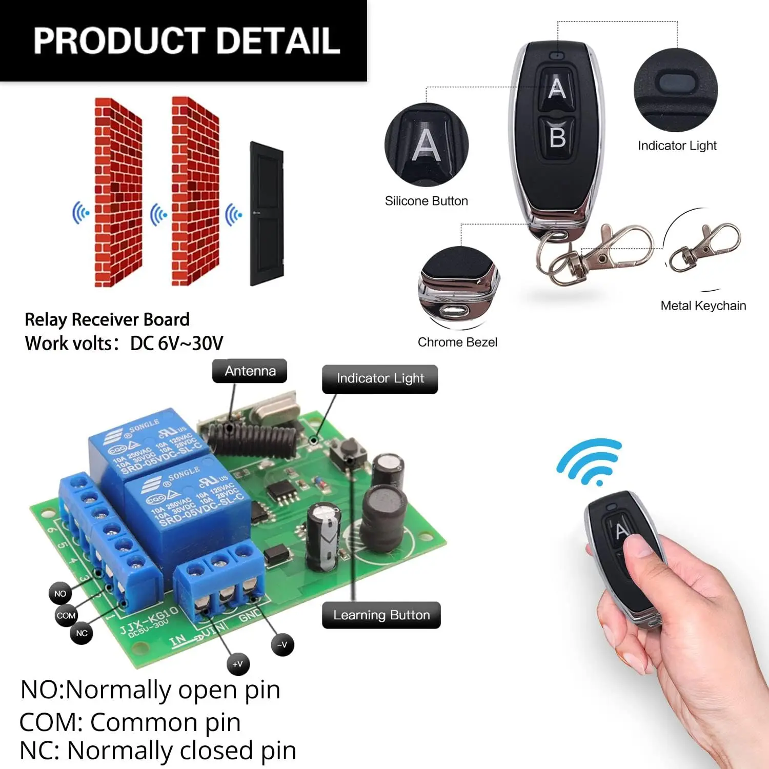 Remote Control Wireless Switch 433Mhz DC 12V 1CH RF 10A Relay Receiver and 2CH Transmitter For Door Electromagnetic Lock