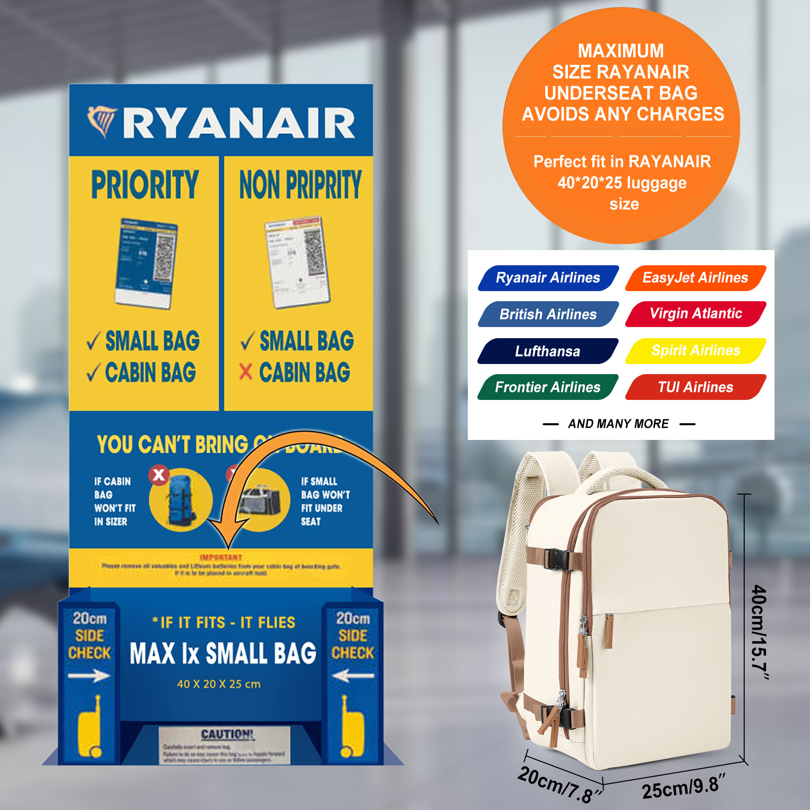 Torba kabinowa 40x20x25 Plecak Ryanair, Easyjet 40x20x25 Bagaż podręczny na samolocie, Torba na laptopa Bagaż podręczny Plecak podróżny