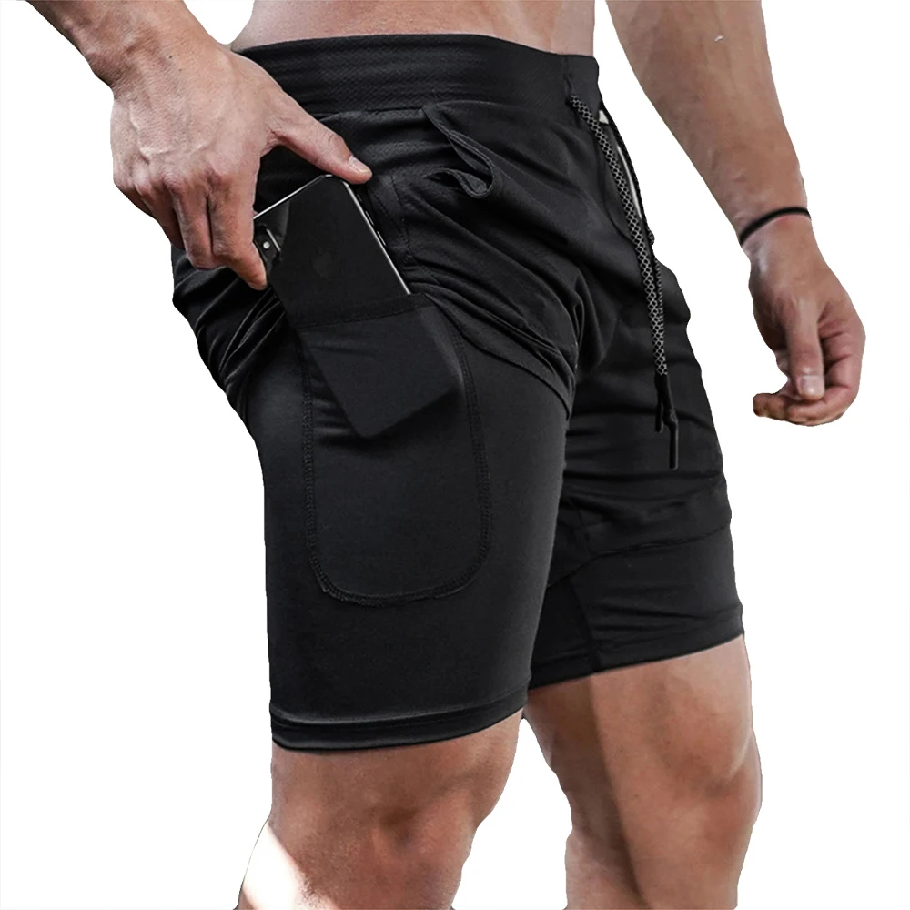 Calções de fitness de camada dupla masculino com cordão forro de malha cintura elástica respirável secagem rápida para praia piscina verão masculino