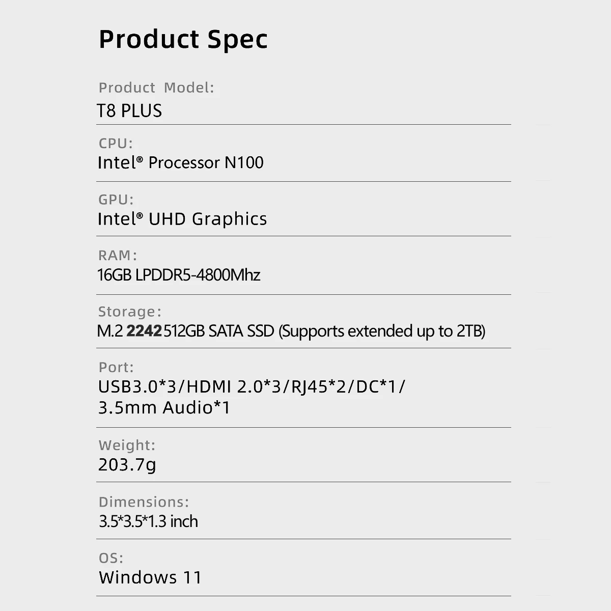 Firebat t8 plus mini pc intel n100 cpu windows 11 gaming ddr4 8gb ram 256gb ssd nvme m2 wifi5 bt 4,2 schreibtisch mini computer