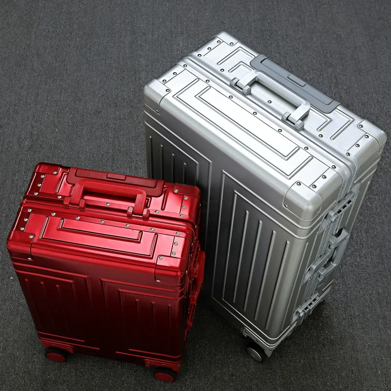 新しい 100% 全アルミニウム旅行スーツケース車輪付きシルバーローリング荷物大型高品質トロリー荷物ケースバッグメンズ