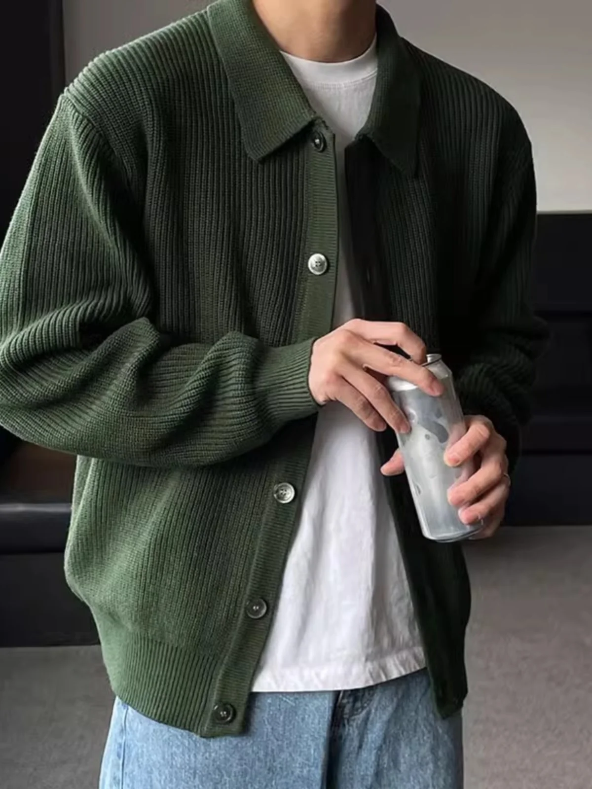 Early Spring Casual Men's Knitted Cardigan Green Collar Open Front Sweater Trendy Long Sleeve Fashion Urban Sle Youth Pop