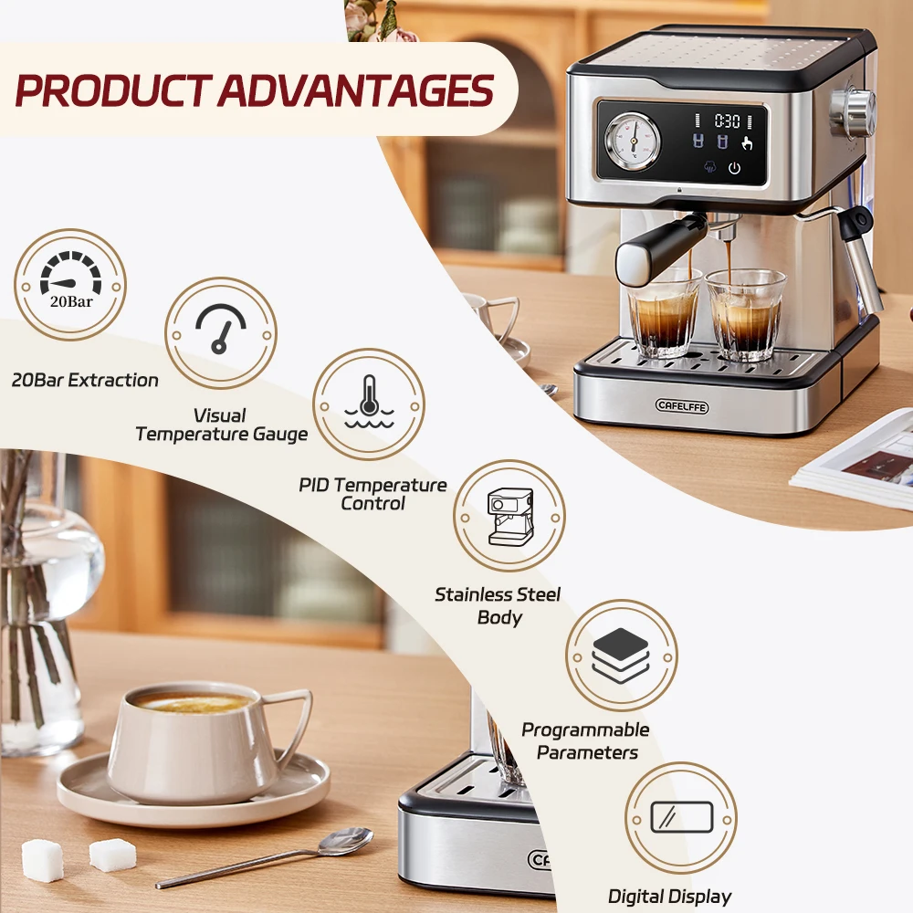 Cafelffe Espresso Machine 20Bar,Cappuccino Maker with Milk Frother Steam Wand,Coffee Maker,Semi-Automatic Cafetera present,Gift