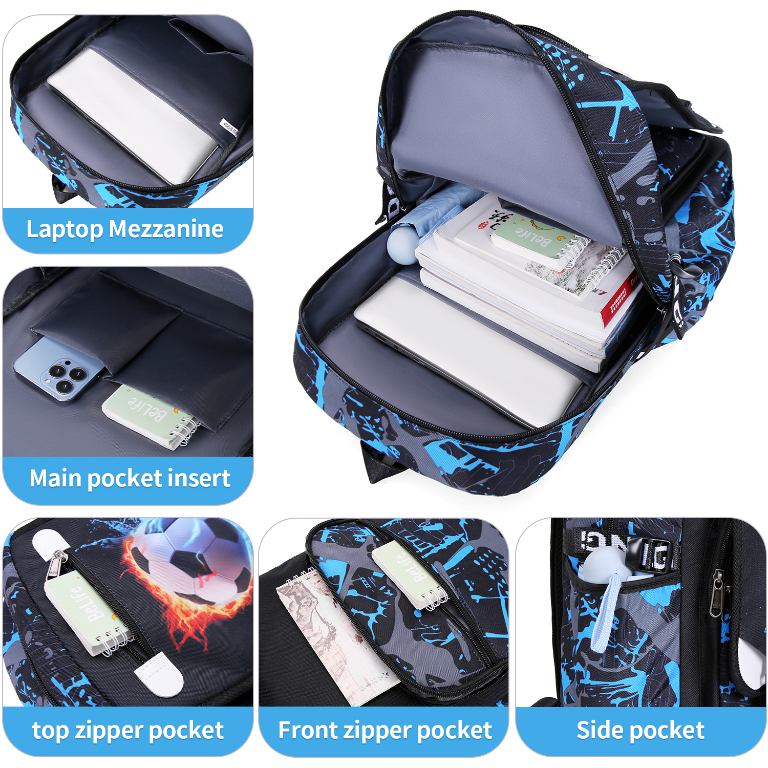 Large Capacity Student Backpack Football Motif Men's Bag Ideal for School Supplies And Daily Use