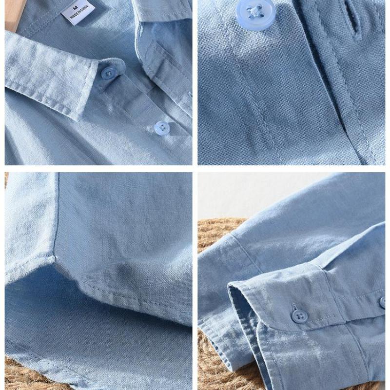M-3XL Spring and Summer Stand Collar Plain Color Long-sleeve Vintage Men's Streetwear Single Breasted Linen Shirts