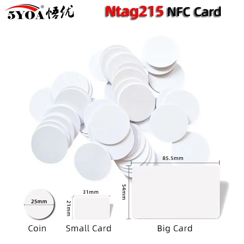 5yoa 100 peças cartão nfc ntag215 cartões moedas crachá 215 chave de chip 13.56mhz ultraleve universal iso iec14443a 25mm pvc à prova d'água