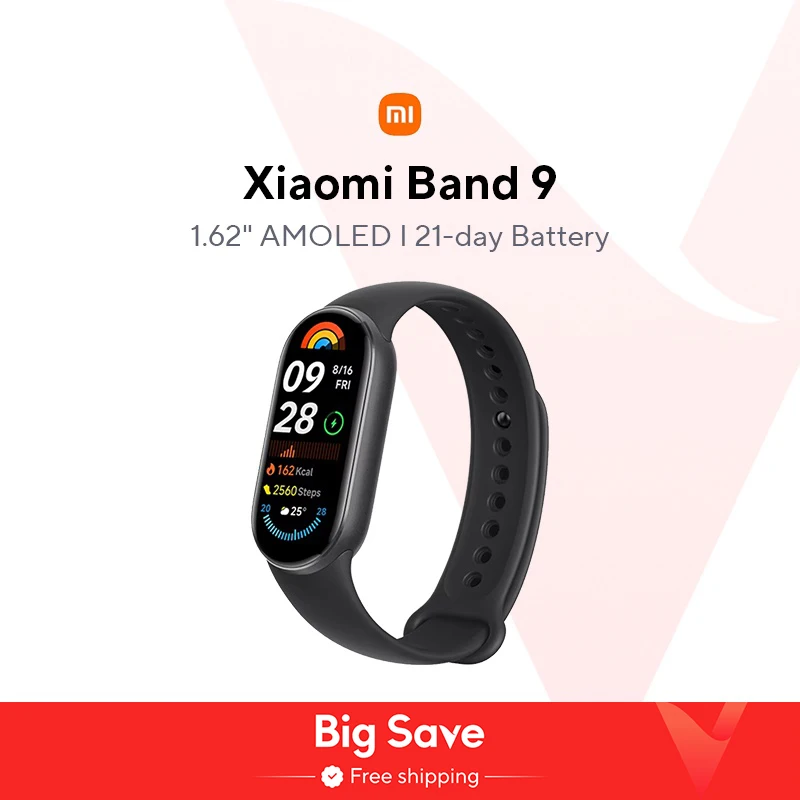 Глобальная версия Xiaomi Smart Band 9 1,62-дюймовый AMOLED-дисплей, 21 год службы батареи, поддержка 150+ спортивных режимов, 5 АТМ, Bluetooth 5,4