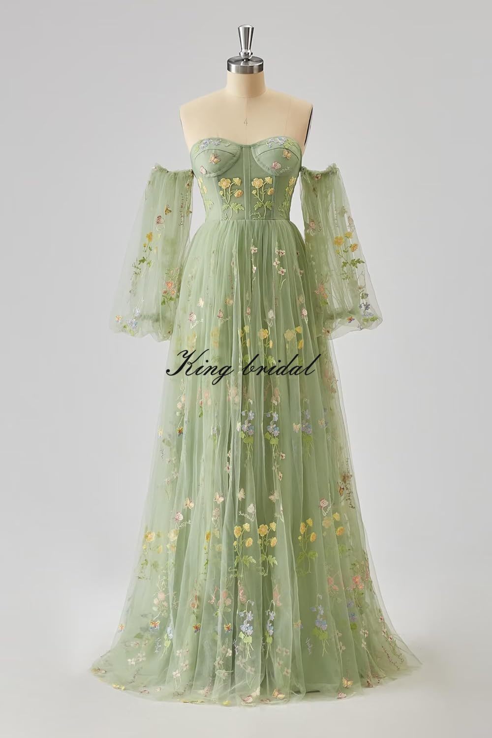 Manga inchada flor bordado tule vestidos de baile para mulheres longo uma linha fada maxi formal vestido de festa à noite vestidos de dama de honra