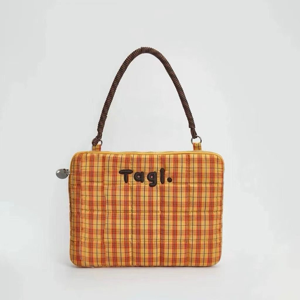 Sac à dos unisexe pour étudiants, Style collégial, mode plaid jaune-orange, couleurs assorties, tissé, broderie perlée, pour ordinateur portable, 15 pouces de large