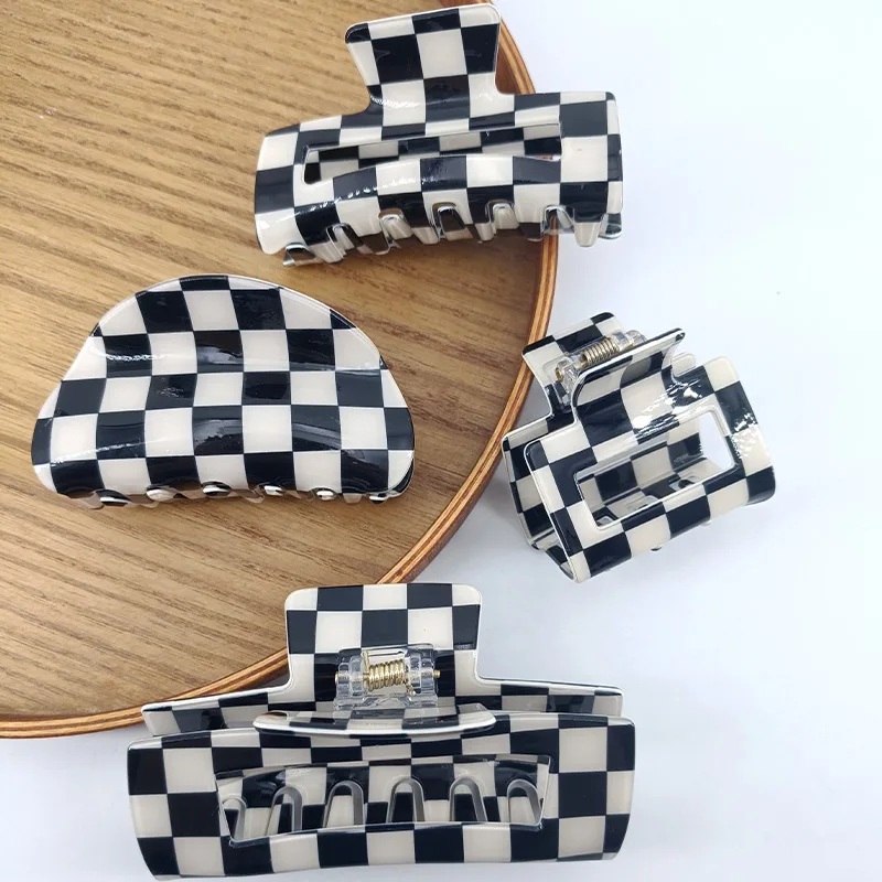 Clearance_Noir blanc damier Rectangle pinces à cheveux pour femmes filles mode pinces à cheveux pour coiffer pinces à griffes accès aux cheveux