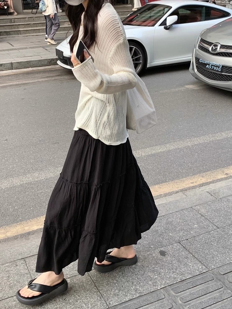 Saia Midi Psada Estilo Princesa para Mulheres, Saia Flare com Detalhes em Camadas, Estilo Coreano, Saia Branca para Primav...
