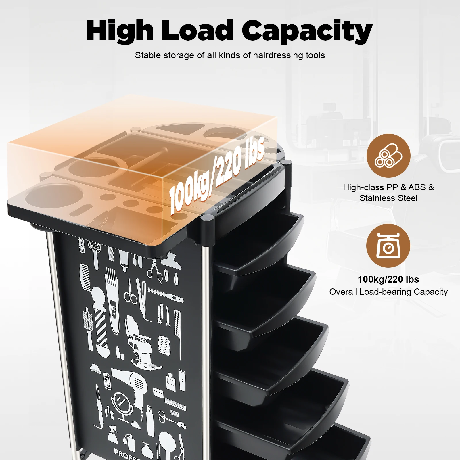 Carrello per parrucchiere e salone di bellezza con 5 cassetti Carrello di grande capacità Ruote con piattaforma multifunzionale Movimento flessibile