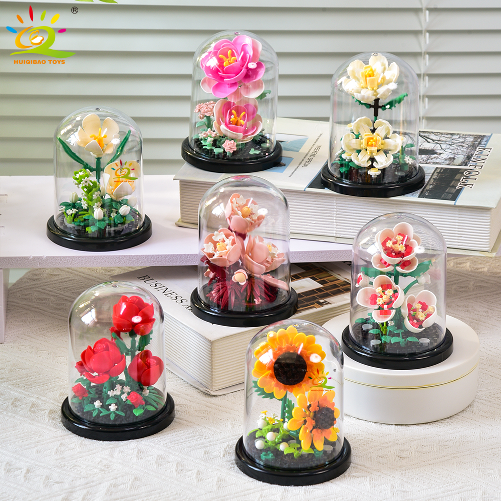 HUIQIBAO MOC 永遠の花束ディスプレイボックスマイクロビルディングブロックフラワーモデル DIY ホームデスク植物装飾レンガのおもちゃ子供のため