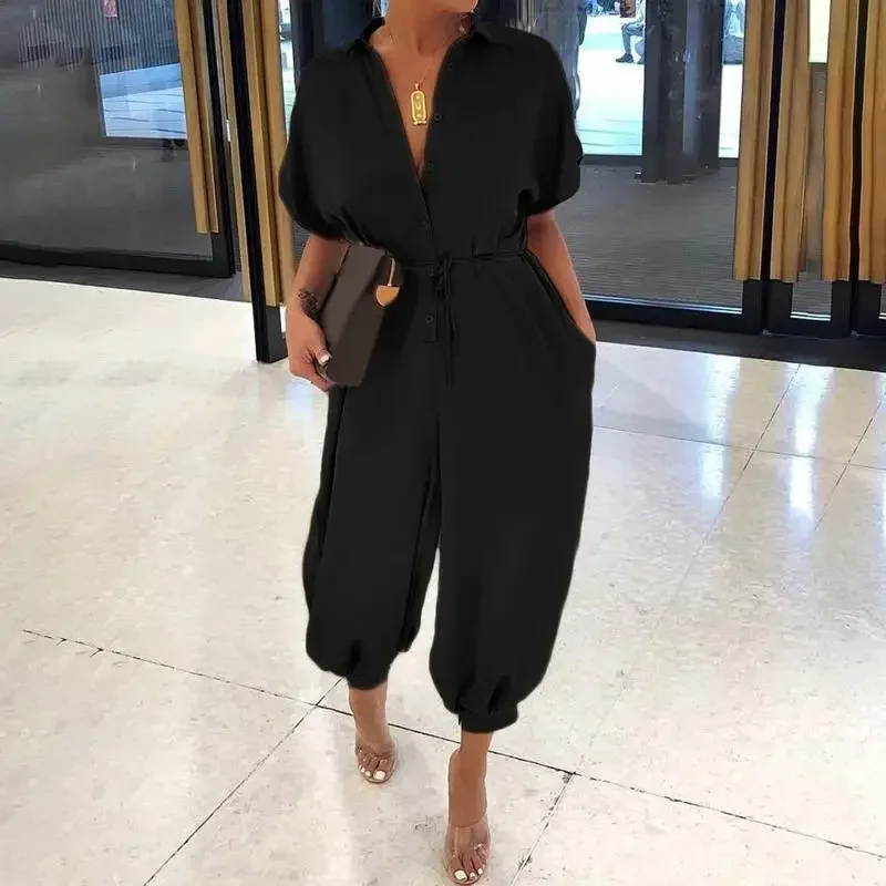Zomermode V-hals Knop Lace-Up Jumpsuit Korte mouw Losse playsuit Overalls Dames Elegante luipaardprint Zakrompertjes