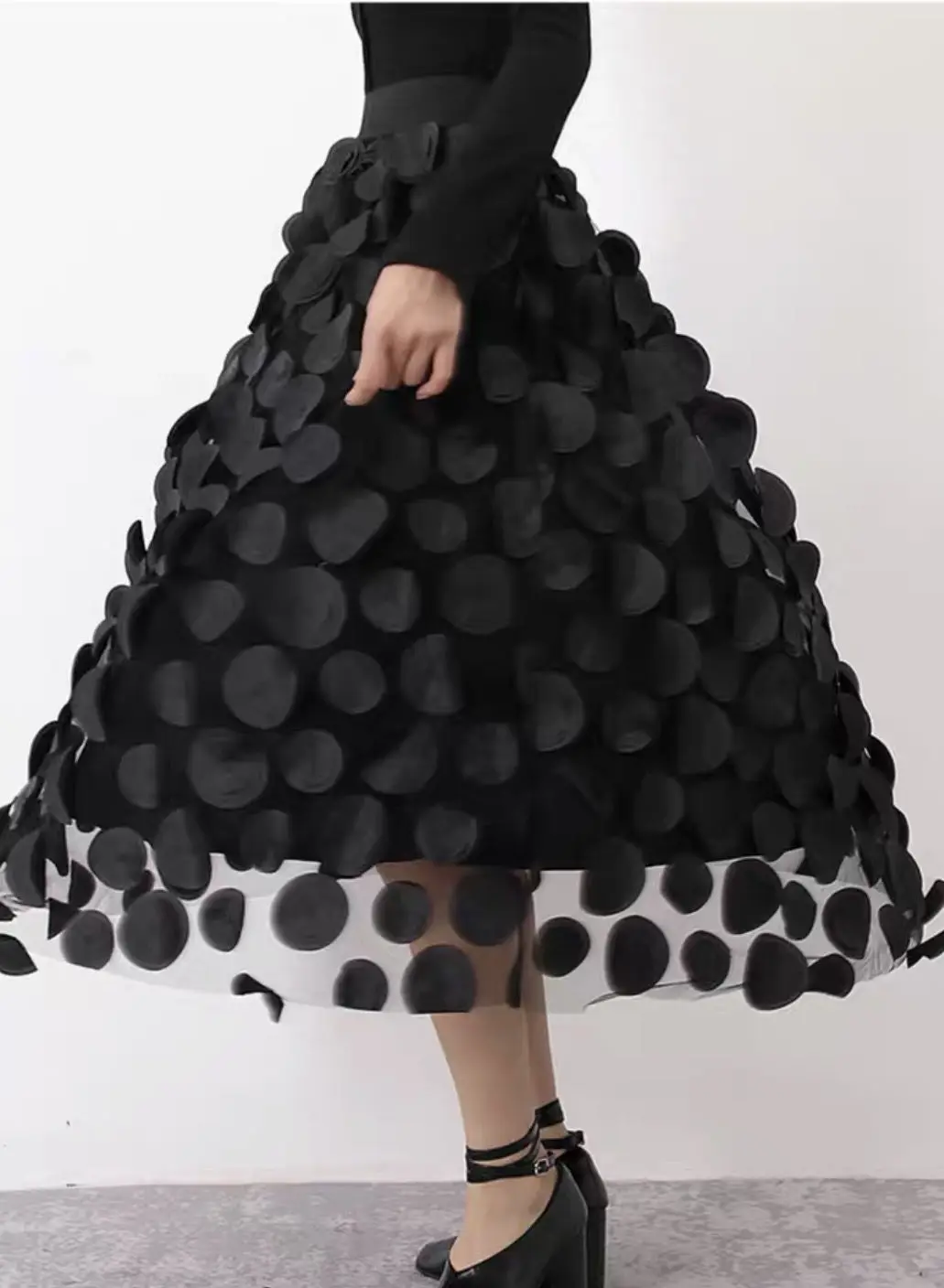 Gonna da donna in rete di tulle con design 3D a pois Gonna tutu lunga a trapezio con elastico in vita vintage