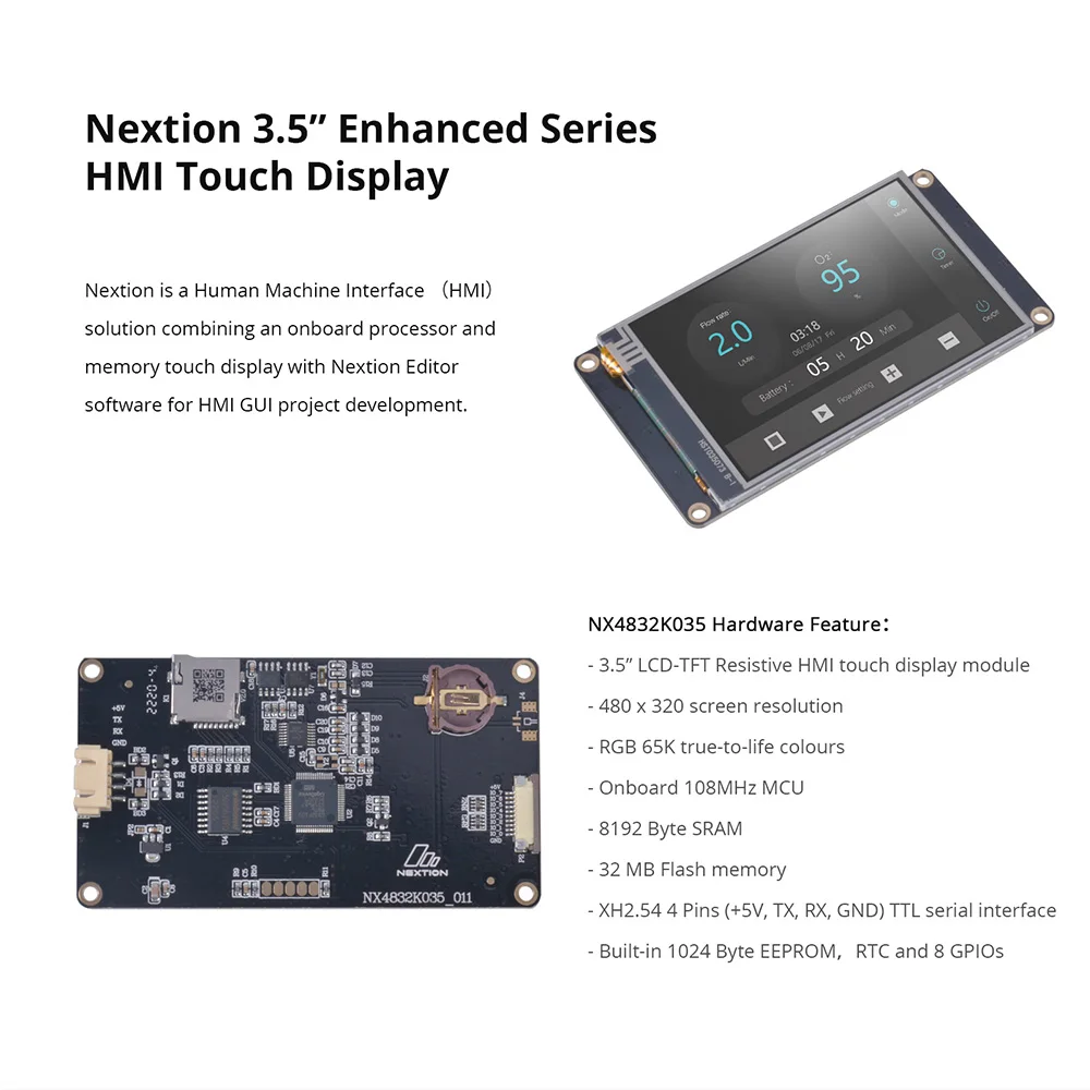 Nextion Enhanced NX4832K035 - Generic 3.5'' 480*320 Built-in RTC / Larger Flash Capacity / Faster MCU Clock HMI Touch Display