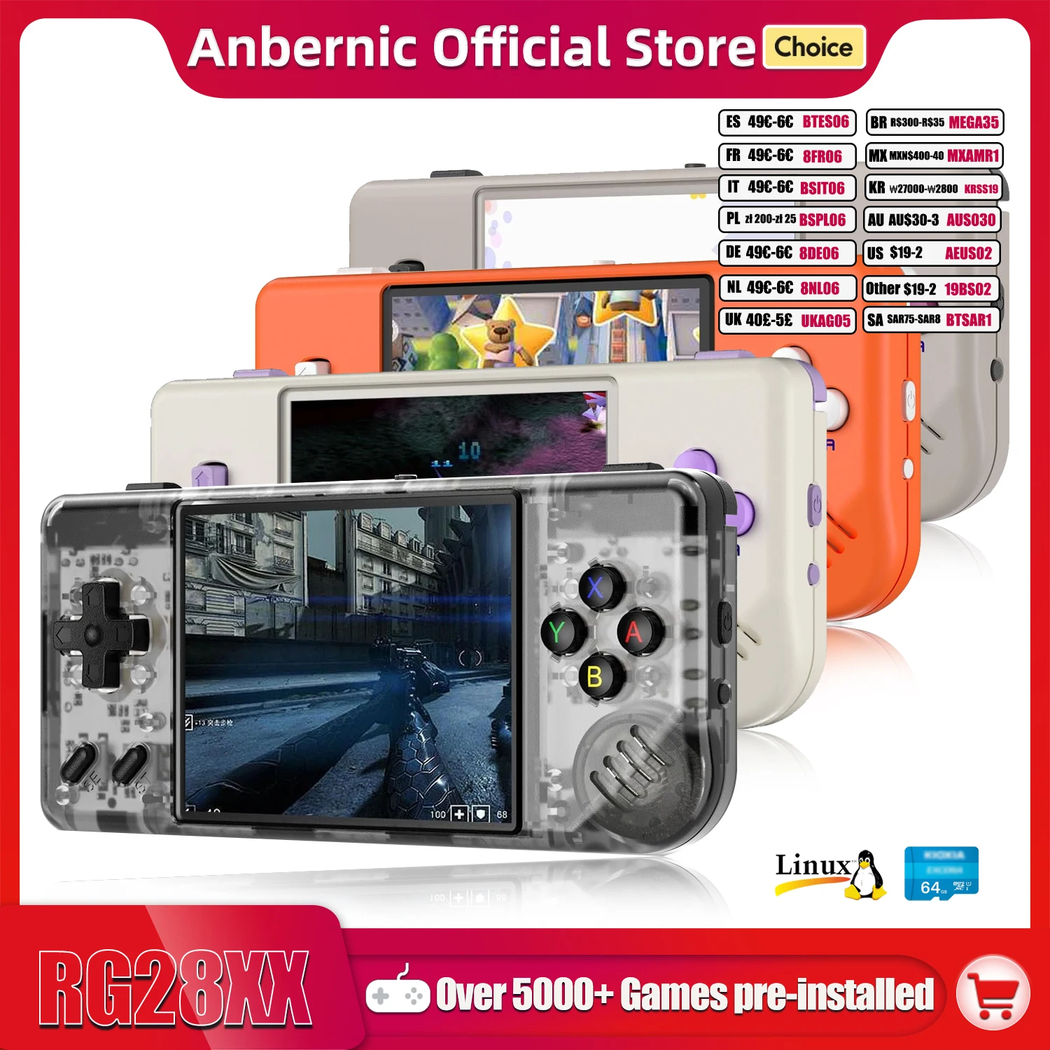 ANBERNIC-RG28xxポータブルゲームコンソール,TV-HDMI出力,64 GB,5000以上のゲーム,2.83インチ,640x480 IPS画面,Linuxシステム,3100mAh