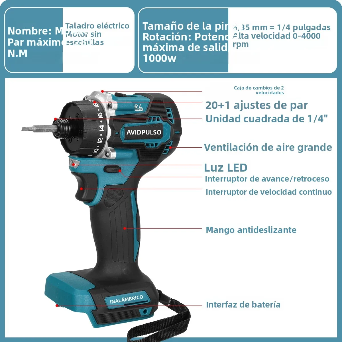 AvidPulse 20 + 1 par 1/4 pulgadas destornillador eléctrico sin escobillas inalámbrico 280N.m taladro eléctrico herramienta eléctrica para batería Makita 18v