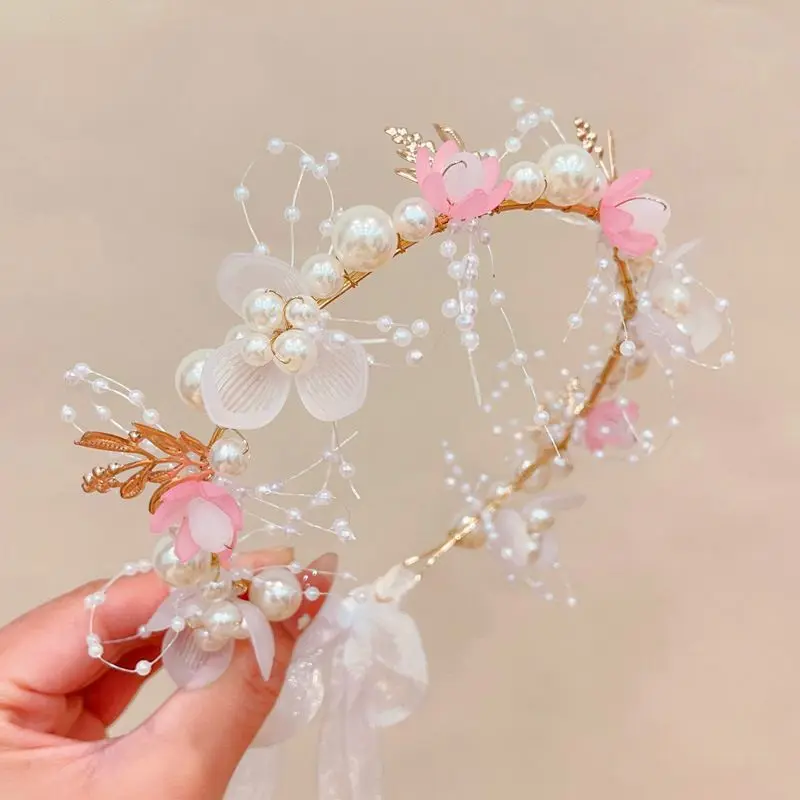 Grinalda das crianças princesa acessórios de cabelo fada menina flor pérola streamer chapelaria doce menina floco de neve net vermelho bandana
