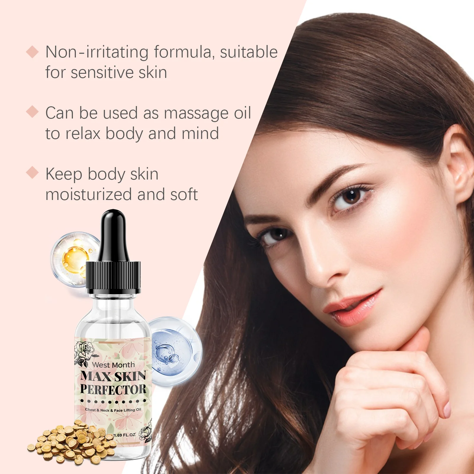 Óleo de levantamento facial no peito, pescoço, nutrição eficiente, nutre profundamente a pele, óleo hidratante, aumenta seu brilho, cuidados com a pele no inverno