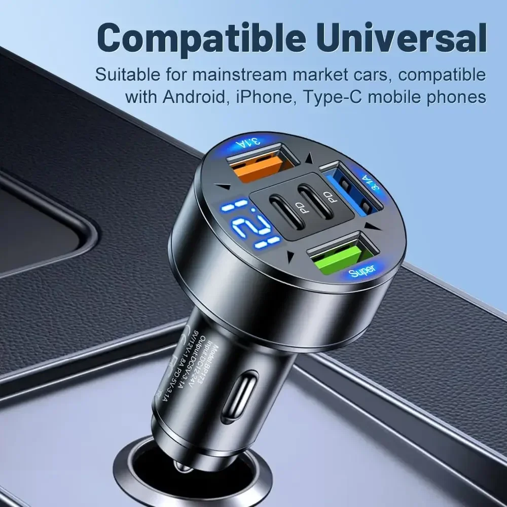 ​ 250W 5-poorts PD QC3.0 snelle USB-C autotelefoonoplader Type C-adapter in auto met trekring ​ ​   Voor IPhone12-16/Xiaomi/Samsung/Huawei