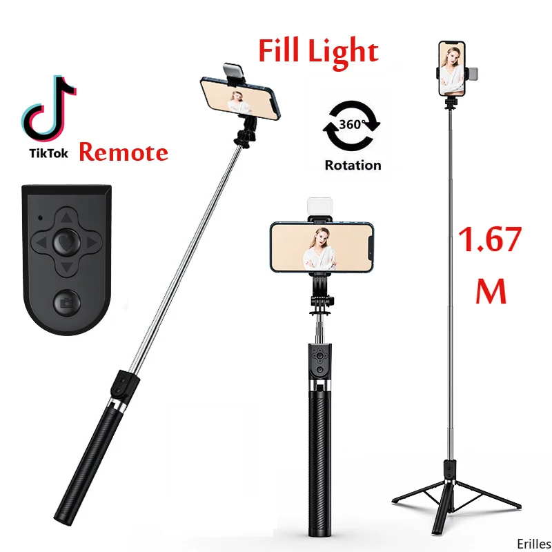 Palo de selfi inalámbrico con Bluetooth, soporte de 1,67 M de largo, extensible, Broacast en vivo, trípode plegable con luz de relleno para teléfonos inteligentes