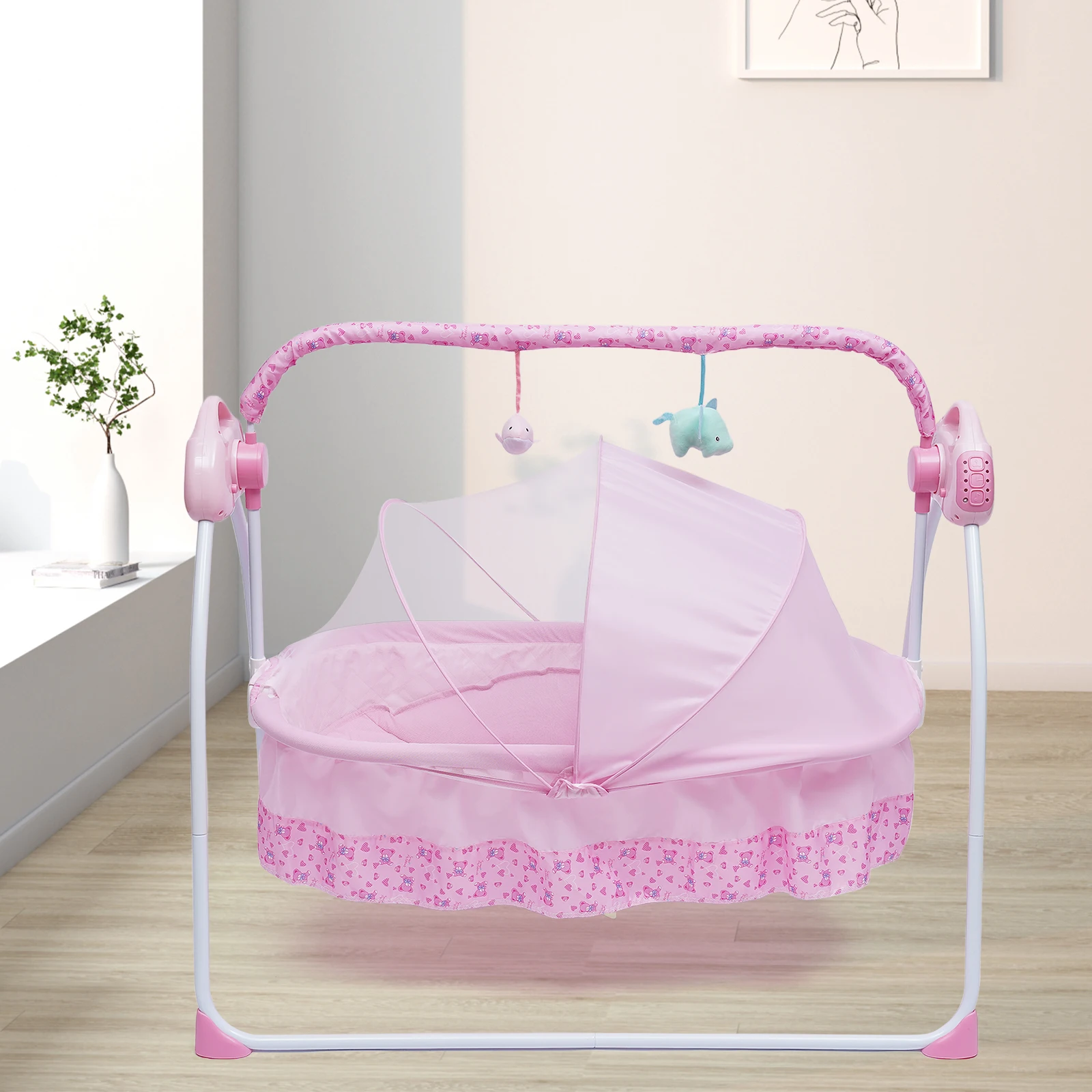 Balanço elétrico para bebês, berço dobrável com espaço grande, 5 engrenagens, rede mosquiteira, controle remoto e função de temporização, rosa
