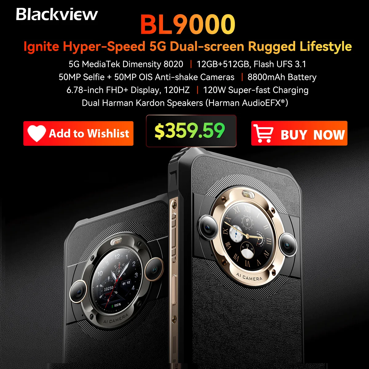 Blackview BL9000 Rugged Phone 6.78" 12GB+512GB 2.4K FHD Dual Display 50MP 8800mAh 120W Android 13 5G NFC Smartphone