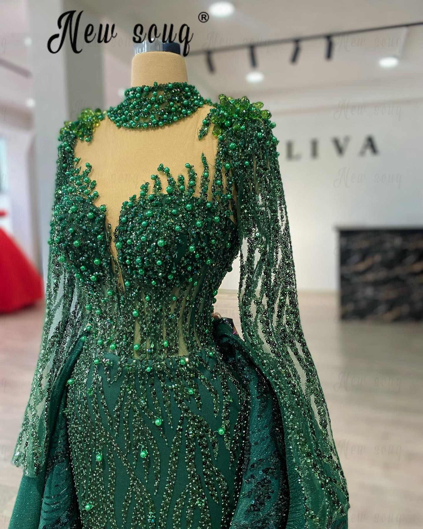 Muslim Emerald Green  A Line Beaded Luxury Dubai Long Evening Dress 2025 For Woman Wedding Party Detachable Train ﻿Customized