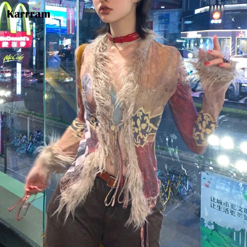 Karrramグランジタッセルシャツ、Y2K美学メッシュトップス、日本原宿ブラウス、cottagecoreプリント、不規則なシャツ、2000ヴィンテージ