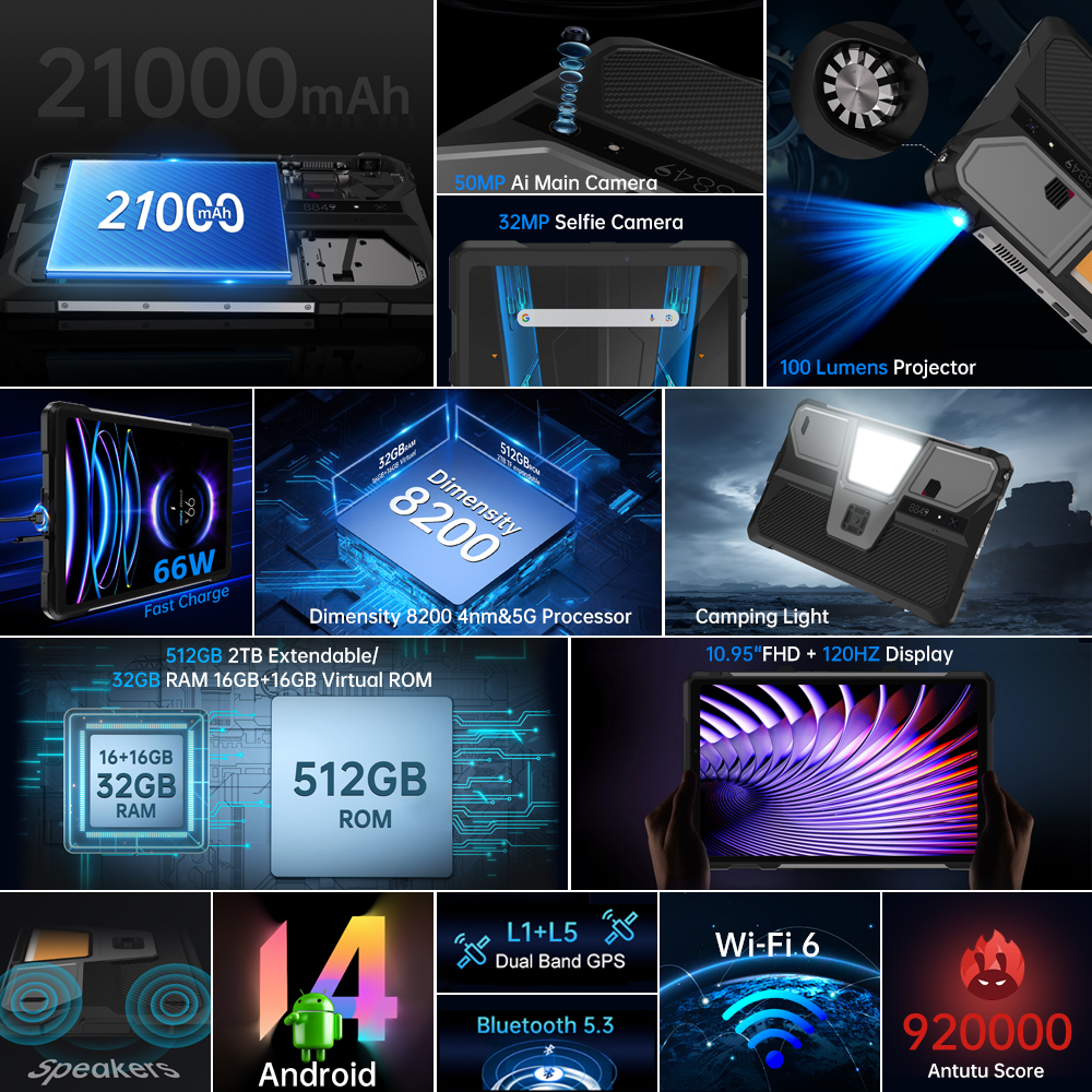 8849 TANK PAD Unihertz Tablet Robusto Projetor 10,95 polegadas 120Hz 32GB 512GB 21000mAh 32MP + 50MP 66W Telefone Tablet