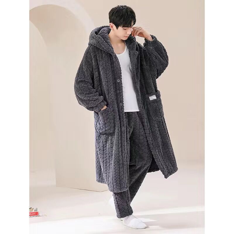 Robe com capuz para homens pijamas roupão de noite de inverno usa pijama de lã quente botão uma peça camisola bolso homewear 2024 novo