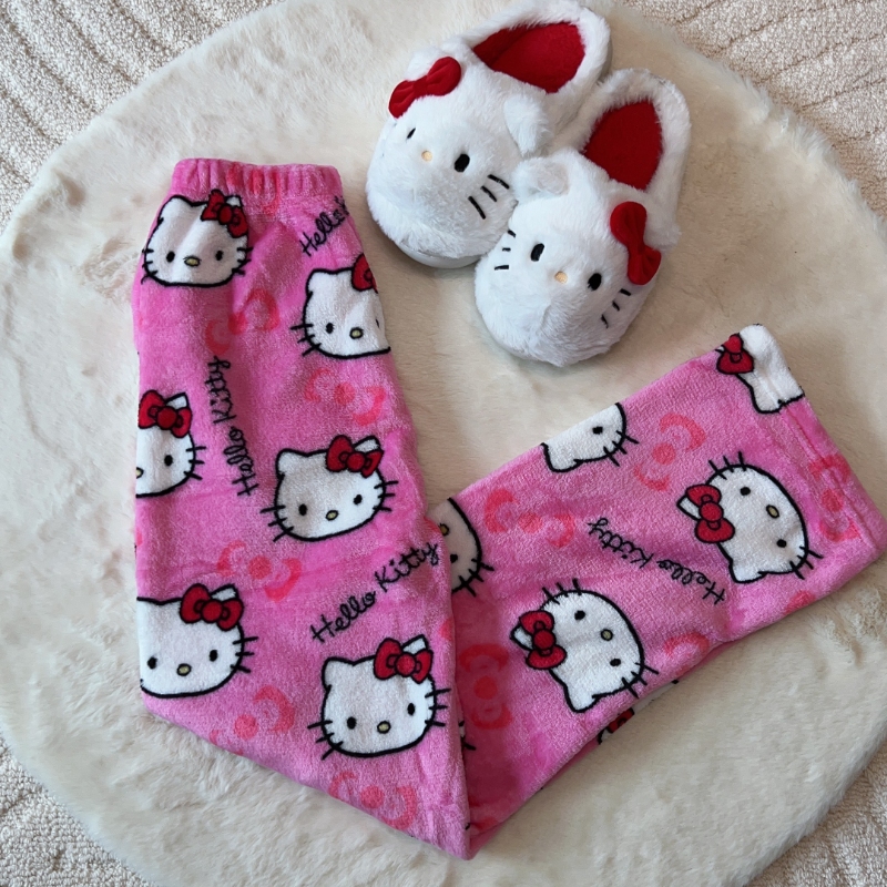 Pijama Kawaii Sanrio Hellokitty de dibujos animados Y2K para mujer, pantalones cálidos y esponjosos para abuela, ropa holgada para el hogar a la moda para Otoño/Invierno
