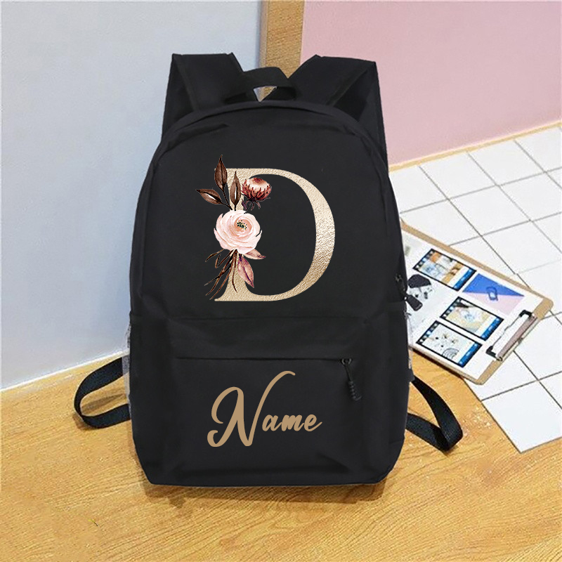 Mochila con inicial de nombre personalizado con diseño de letras de oro rosa, mochila escolar para niñas y niños