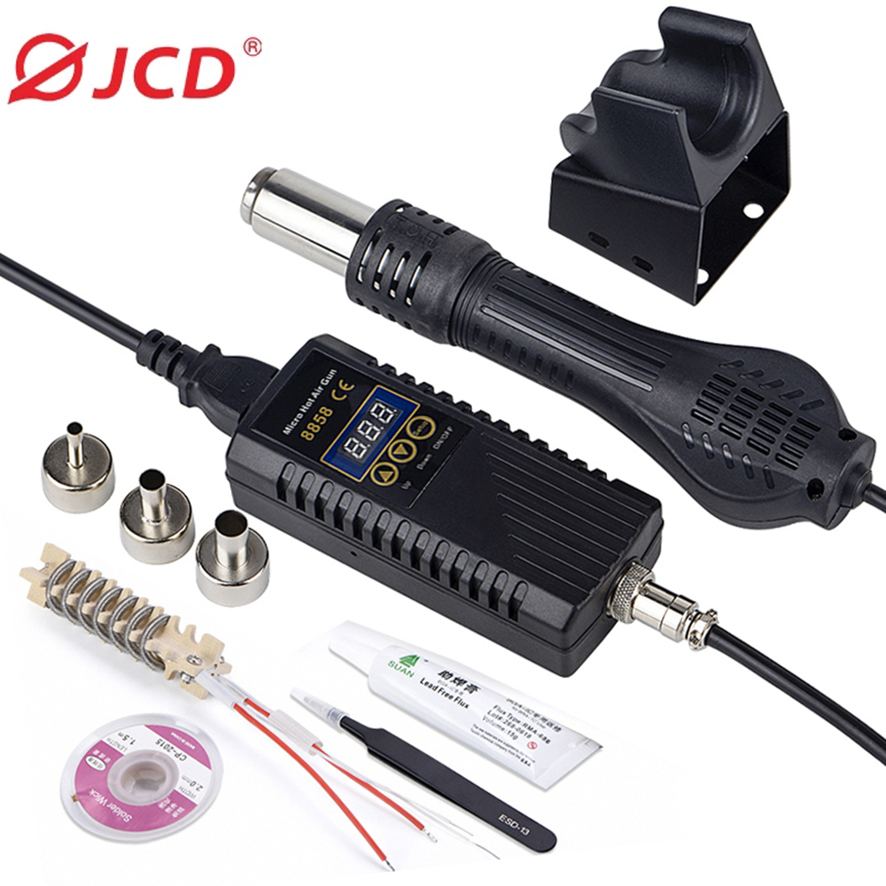 JCD 750W pistola de calor pantalla Digital Micro Estación de soldadura de retrabajo pistola de aire caliente para herramienta de reparación de soldadura secador de pelo 8858