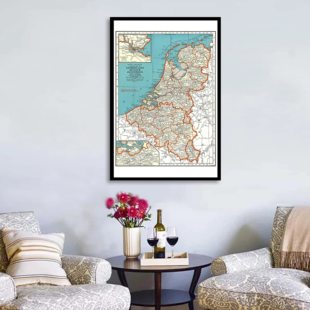 60*90cm 빈티지 벨기에지도 1936 스프레이 캔버스 페인팅 빈티지 벽 아트 포스터 홈 인테리어 학교 용품