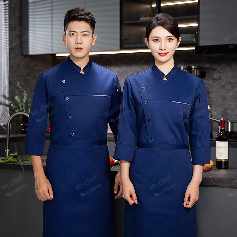 Chaqueta de chef con delantal para hombre, uniforme de Chef de manga larga, abrigo de cocinero para restaurante, camiseta de Chef, uniforme de trabajo, ropa de Hotel con logotipo para mujer