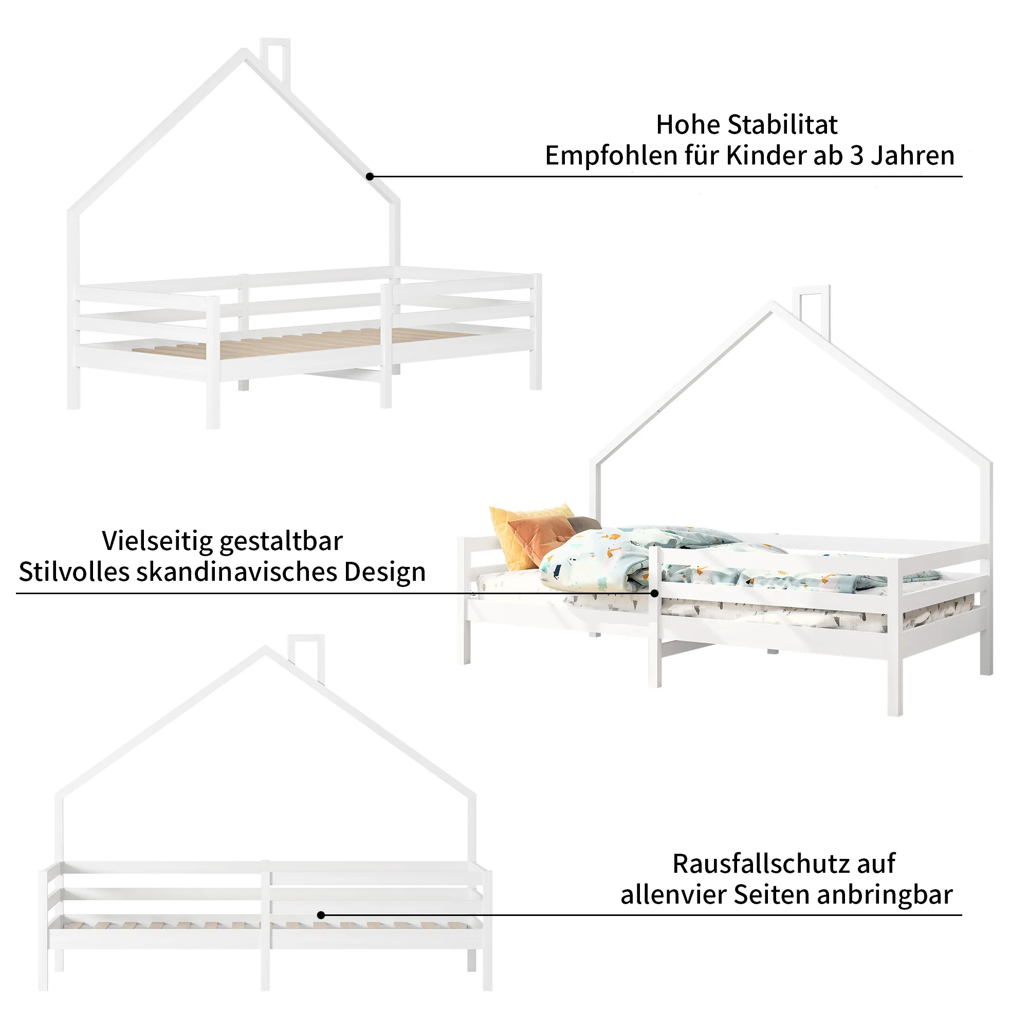 Cama infantil Lazyspace 90 x 200 cm com proteção contra quedas Cama de madeira resistente para casa na árvore com estrutura de ripas para meninos e meninas