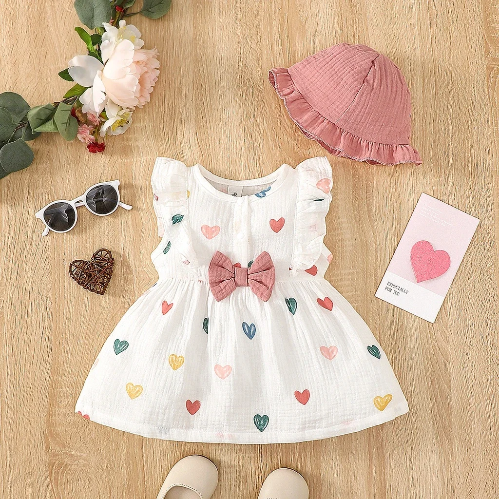 Vestido de algodón dulce para niña recién nacida, vestido sin mangas con patrón de amor + sombrero, 2 uds., ropa de playa de verano para niña pequeña de 0 a 9 meses