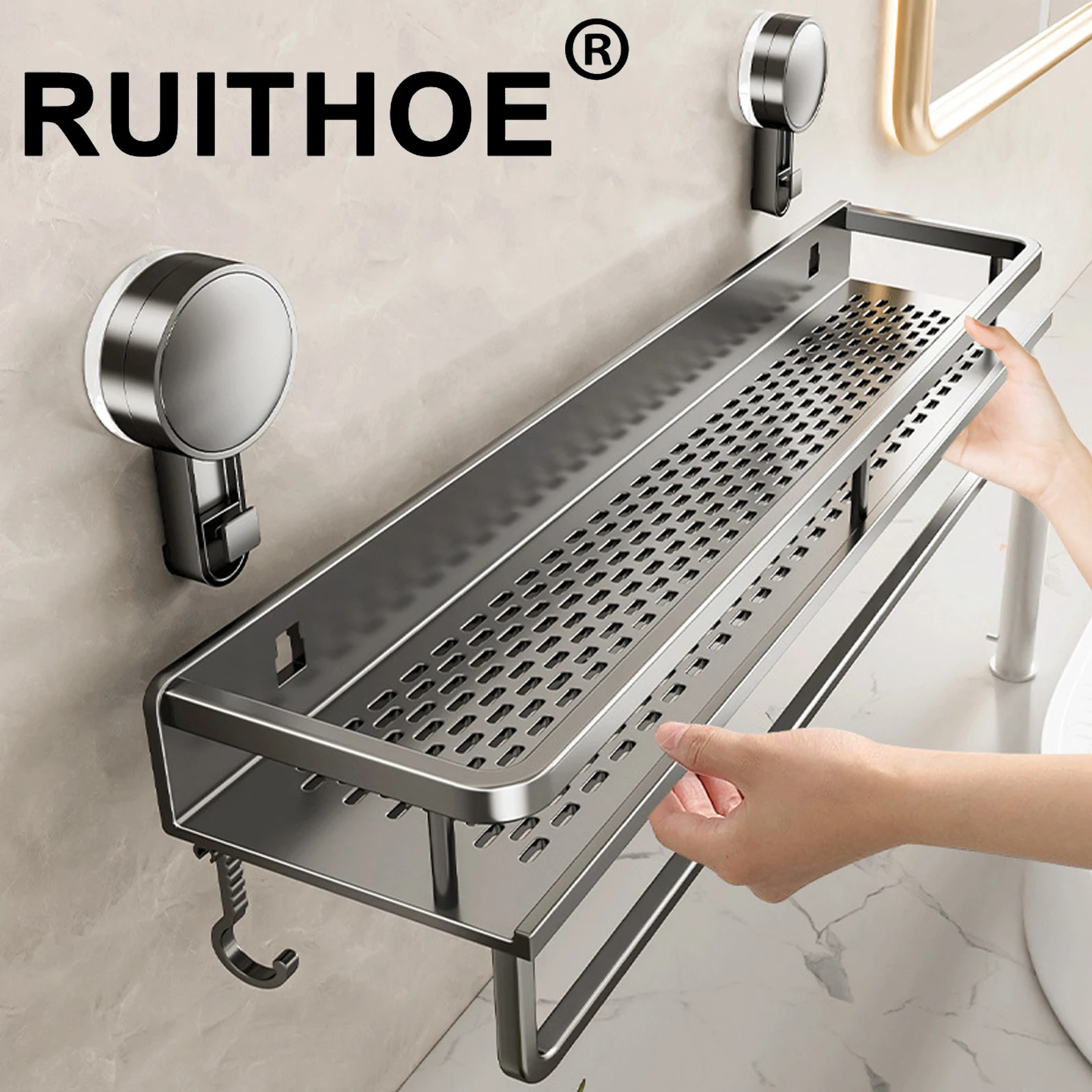 Estante de baño con ventosa, estante de baño, espacio para inodoro, estante colgante de aluminio sin taladro, organizador de baño para colgar en la pared