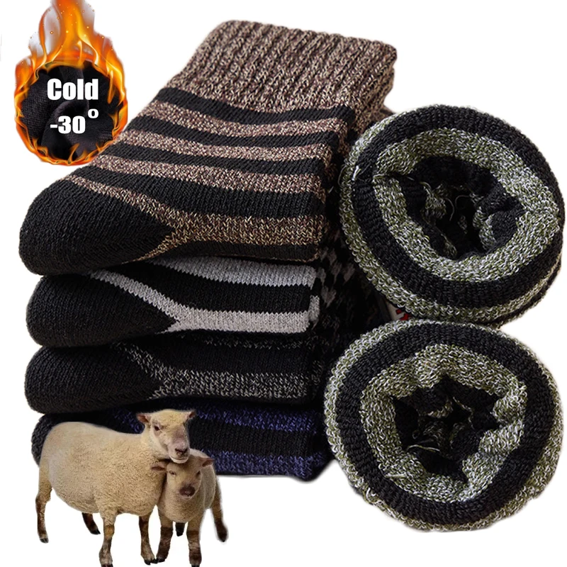 5 pares de calcetines gruesos de invierno para hombre, calcetines sólidos súper gruesos, calcetines de conejo de lana merina a rayas contra la nieve fría, calcetín cálido de invierno ruso