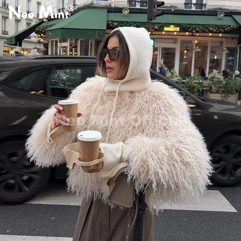 Neo mint chique rua meninas em torno do pescoço falso mongólia casaco de pele de ovelha feminino 2025 inverno fofo quente jaqueta de pele recortado outerwear
