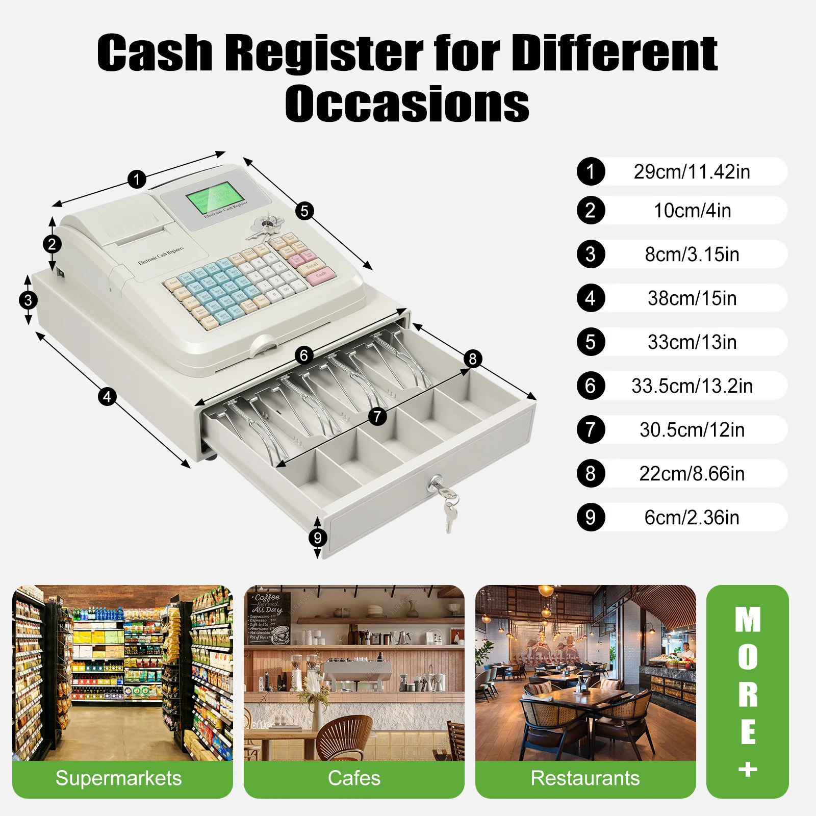 Electronic Cash Register with Drawer Box Intelligent cash register computer Digital LED Display 48-Keys POS Cashier
