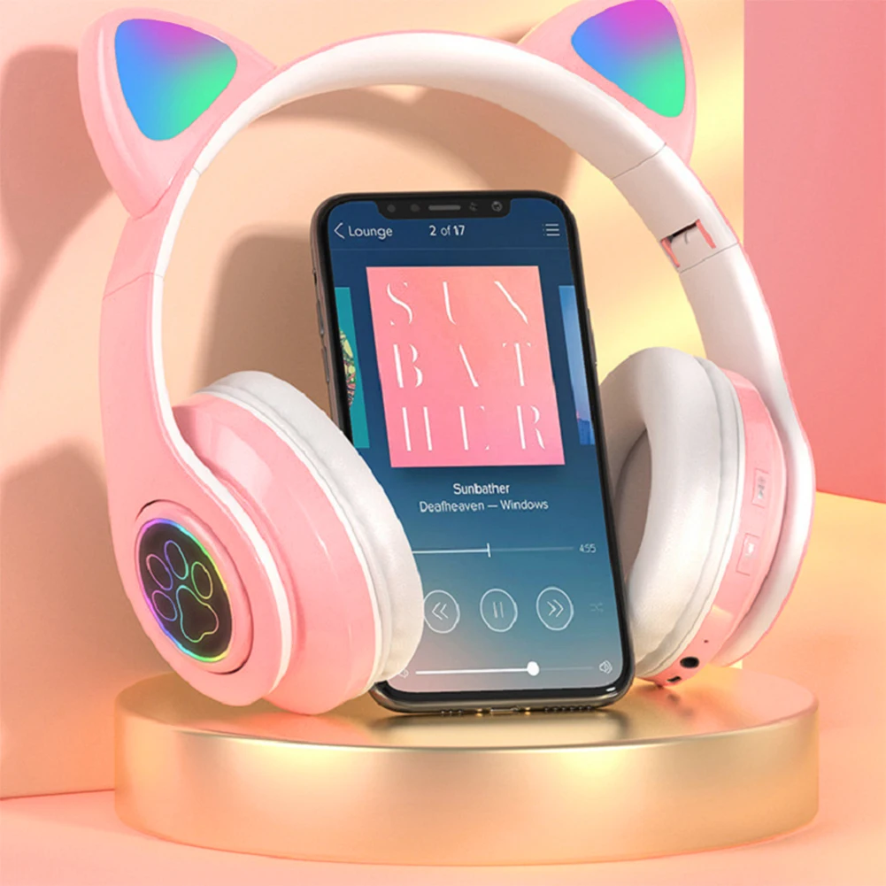 Flash Light Cute Cat Ears cuffie Wireless con controllo del microfono LED Kid Girl Stereo Music Helmet Phone auricolare Bluetooth regalo