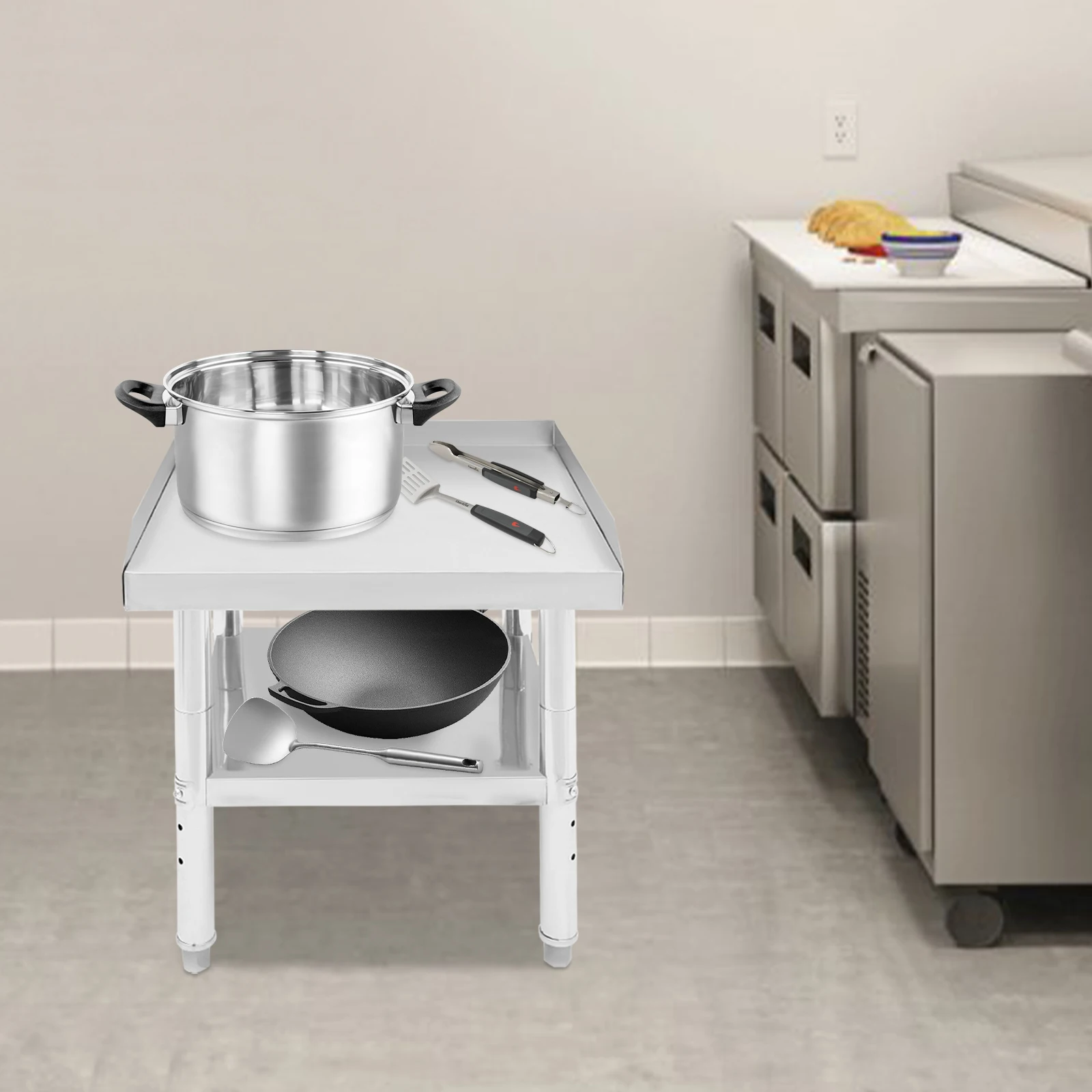 24*24*24-25in Silver Commercial Work Table, Adjustable Work Table with Backsplash, Prep Table for Kitchen, Restaurant, Garage