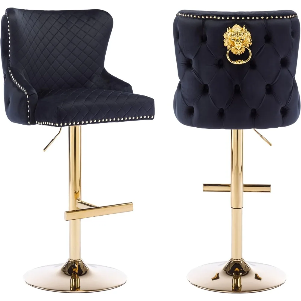 Luxury Velvet Barstools Set of 2, Height Adjustable Swivel  with Lion Head Pull Ring, Modern Button Tufted Back Bar Stools